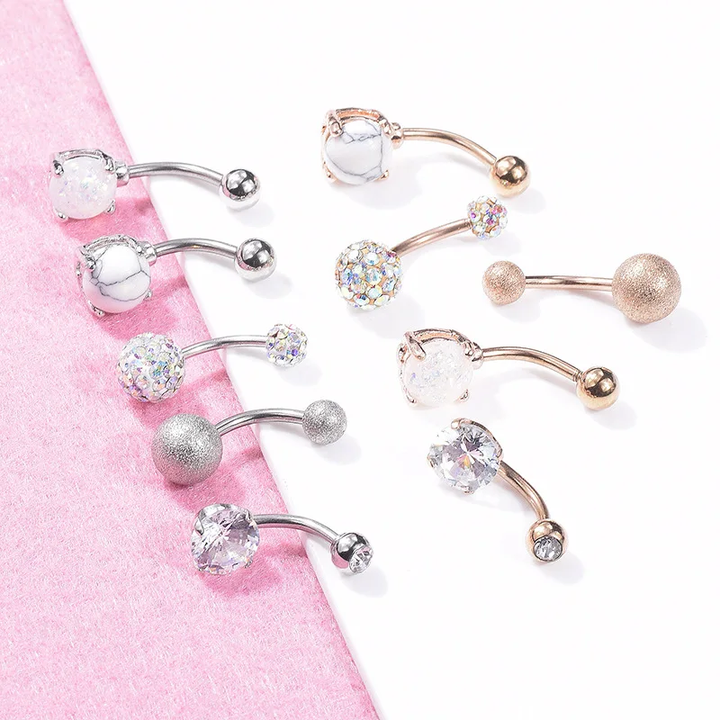 5pcs set Women Sexy Body Jewelry Rose Gold Silver Opal Turquoise Belly Button Ring Medical Steel Zircon Navel Rings Piercing