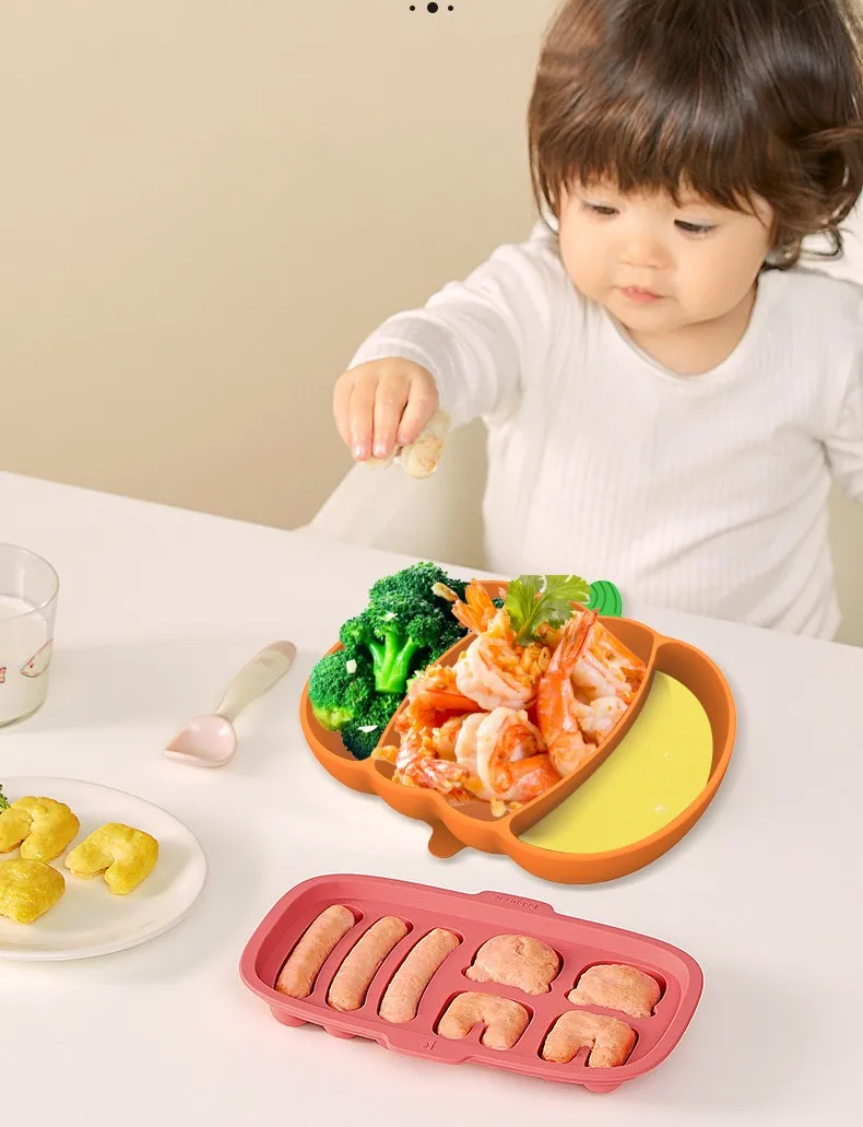 BPA free kids baby complementary food eating training silicone tableware food grade partition suction bowl Pumpkin plate
