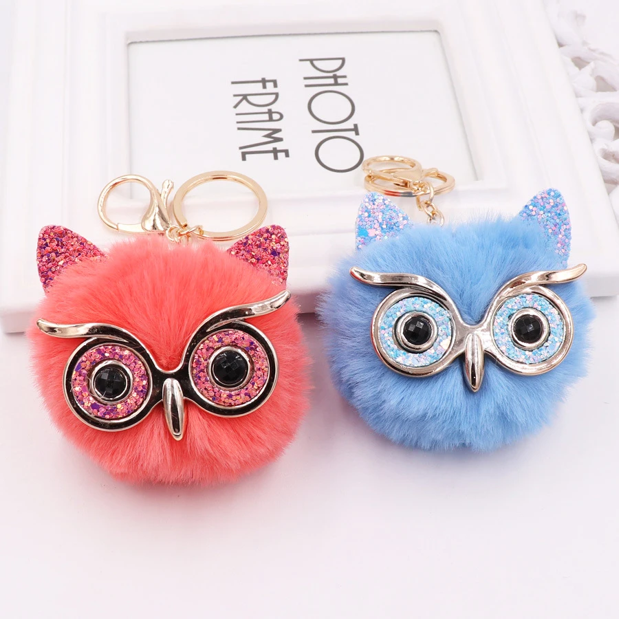 Wholesale Cute Owl Pom Fluffy Pom Plush Keychain Key Ring Faux Fur Ball For Girls Women Bag Accessory
