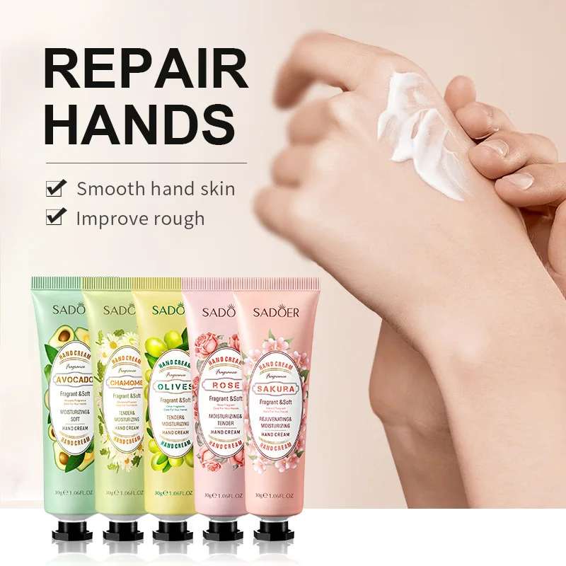 Fragrant Soft Moisturizing Repairing Tender Rejuvenating Hand Cream With Rose Avocado Chamomile Sakura Olives Strawberry Lemon