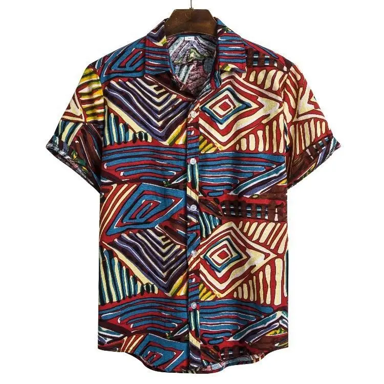New Fashion Men Summer Ethnic Printing Flax Bohemia Button Lapel Short Sleeve Tops Blouse Casual Beach Shirt