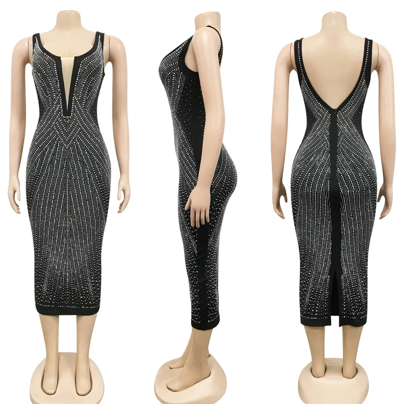 CX5808 Plus Size 2XL Midi Dress Sleeveless V-neck Backless Club Party Dress Vintage Summer Dresses