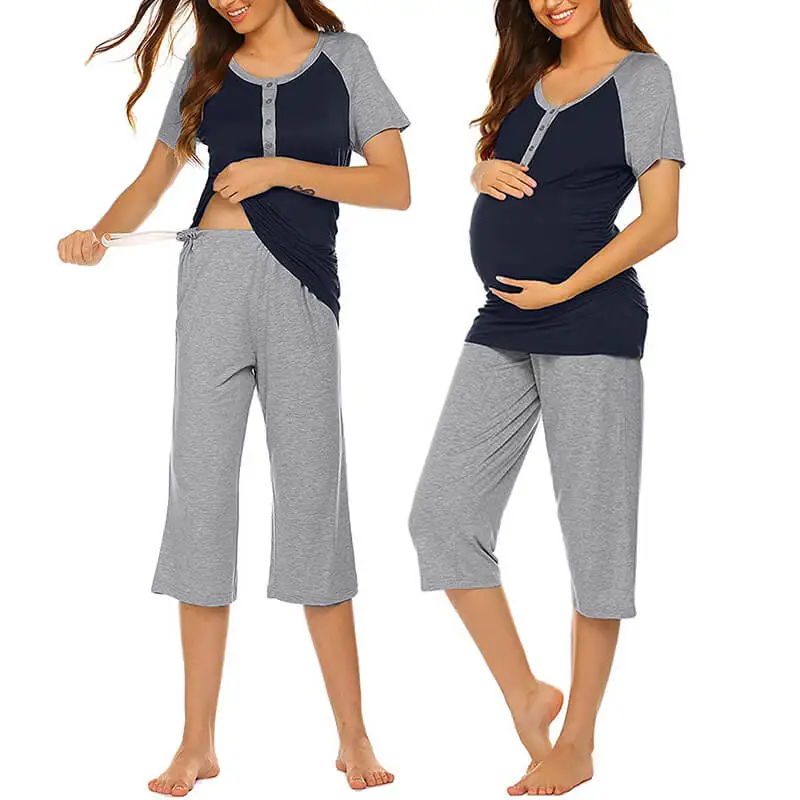 
Oem Maternity And Feeding Mama Cotton Super Soft Summer Color Block Short-Sleeve Button Up Basic Nursing Shirt Pants Pjs Set 
