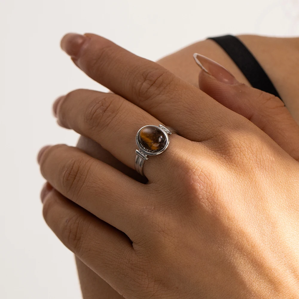 Vintage Silver Color Stainless Steel Ring Oval Tiger Eye Green Purple Semi-Precious Stone Open Rings for Women