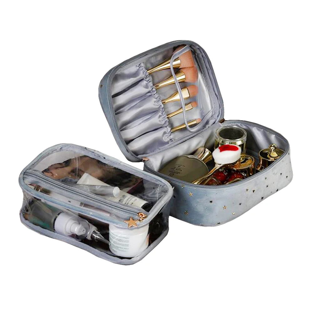 Cosmetic Bag Zipper Vintage Velvet Makeup BagTravel Make Up Beauty Case Purse Travel Toiltery Bag PVC Clear Organizer