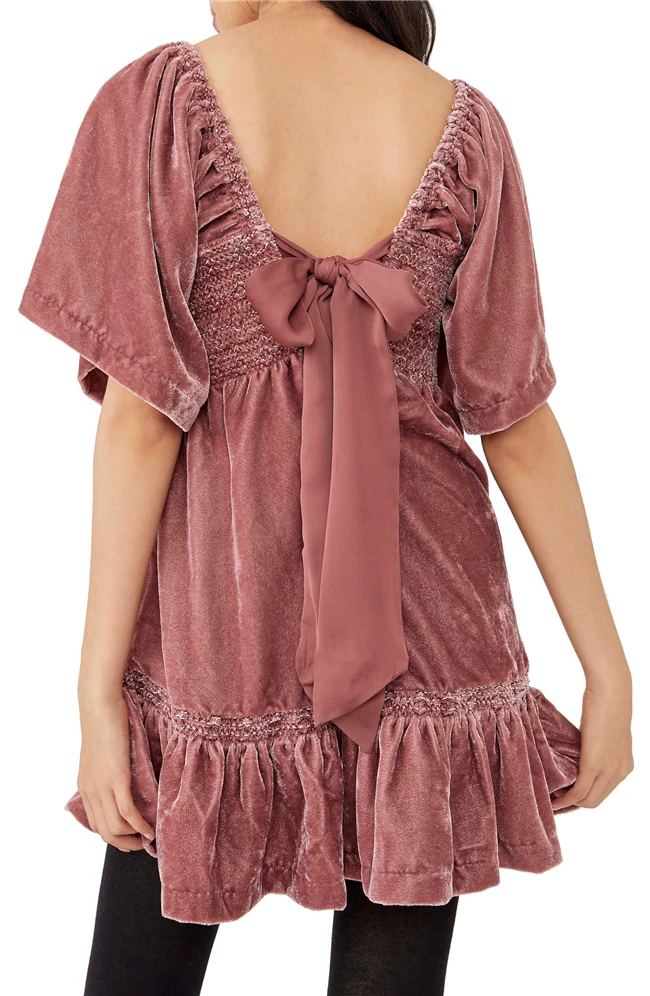 2022 Summer Trending Casual Women Short Sleeve Backless Smocked Ruffle Velvet Mini Dresses with Bow Tie