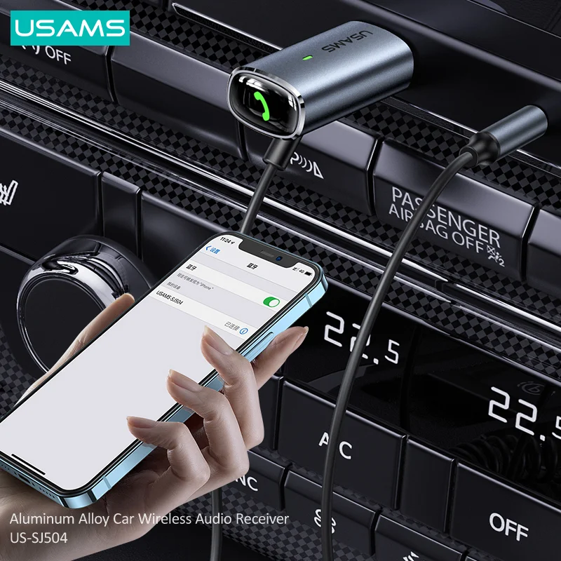 
New Arrivals USAMS US-SJ504 BT5.0 Aluminum Alloy Car Accessories Wireless Audio Receiver USB Player AUX Cable 