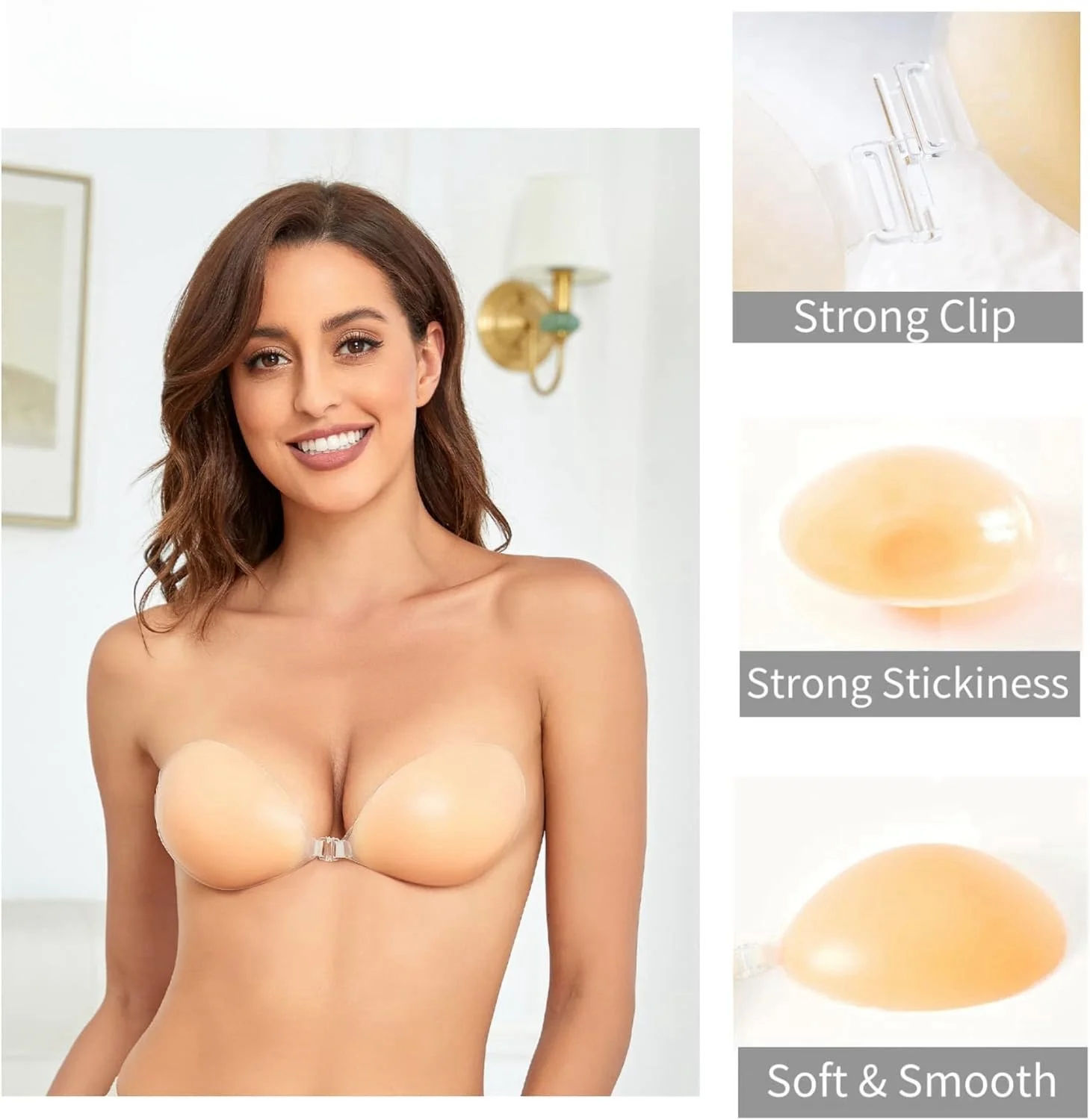 Lift up invisible silicone reusable front buckle adhesive bra invisible strapless push up bra for women