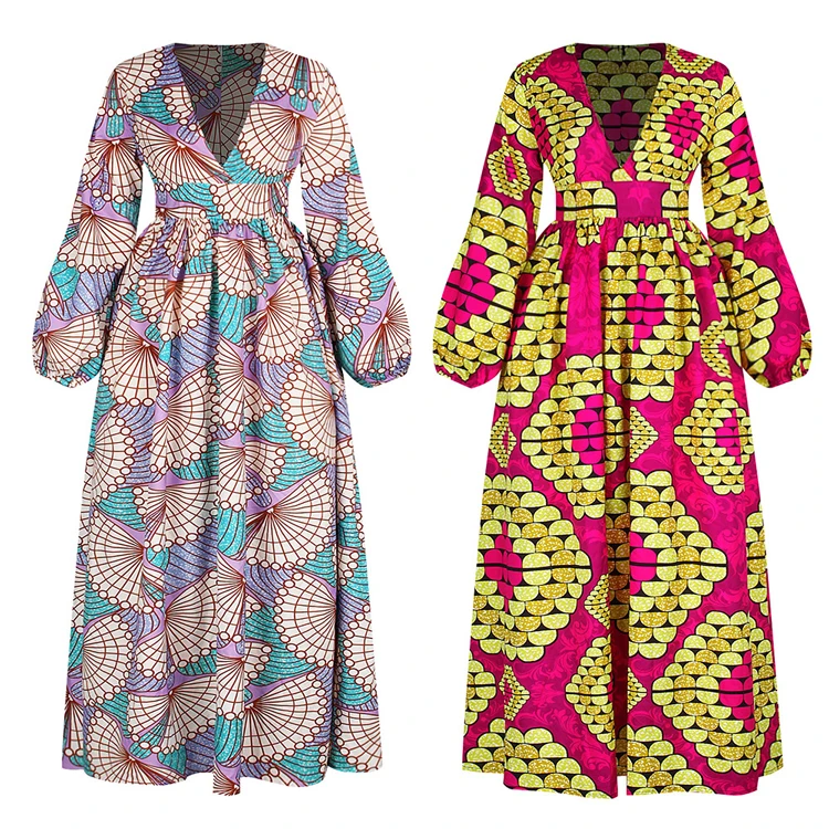 
Women African Printed Casual Maxi Skirt Skirt A Line Floral Printed Party High Waist Dresses With Long Sleeve 