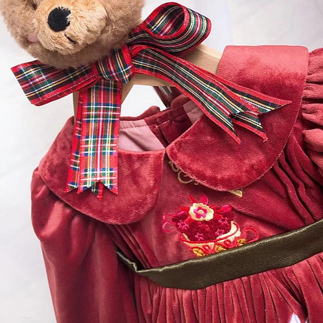 PHB 60927 red color fashion long sleeve Christmas fall girls velvet dress