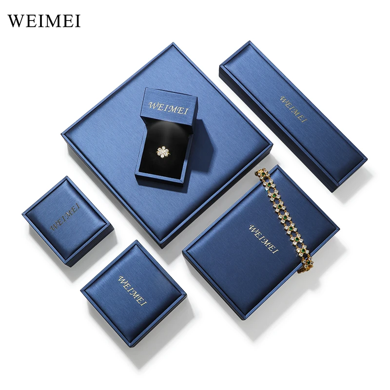 WeiMei high-end custom blue pu leather light jewelry set packaging box with led ring necklace pendant packaging & display