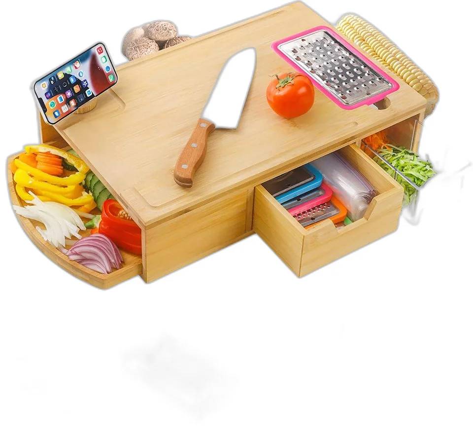 Large Rectangle Bamboo Kitchen Chopping Board with 2 Containers Tray and 4 Graters Featuring Juice Groove