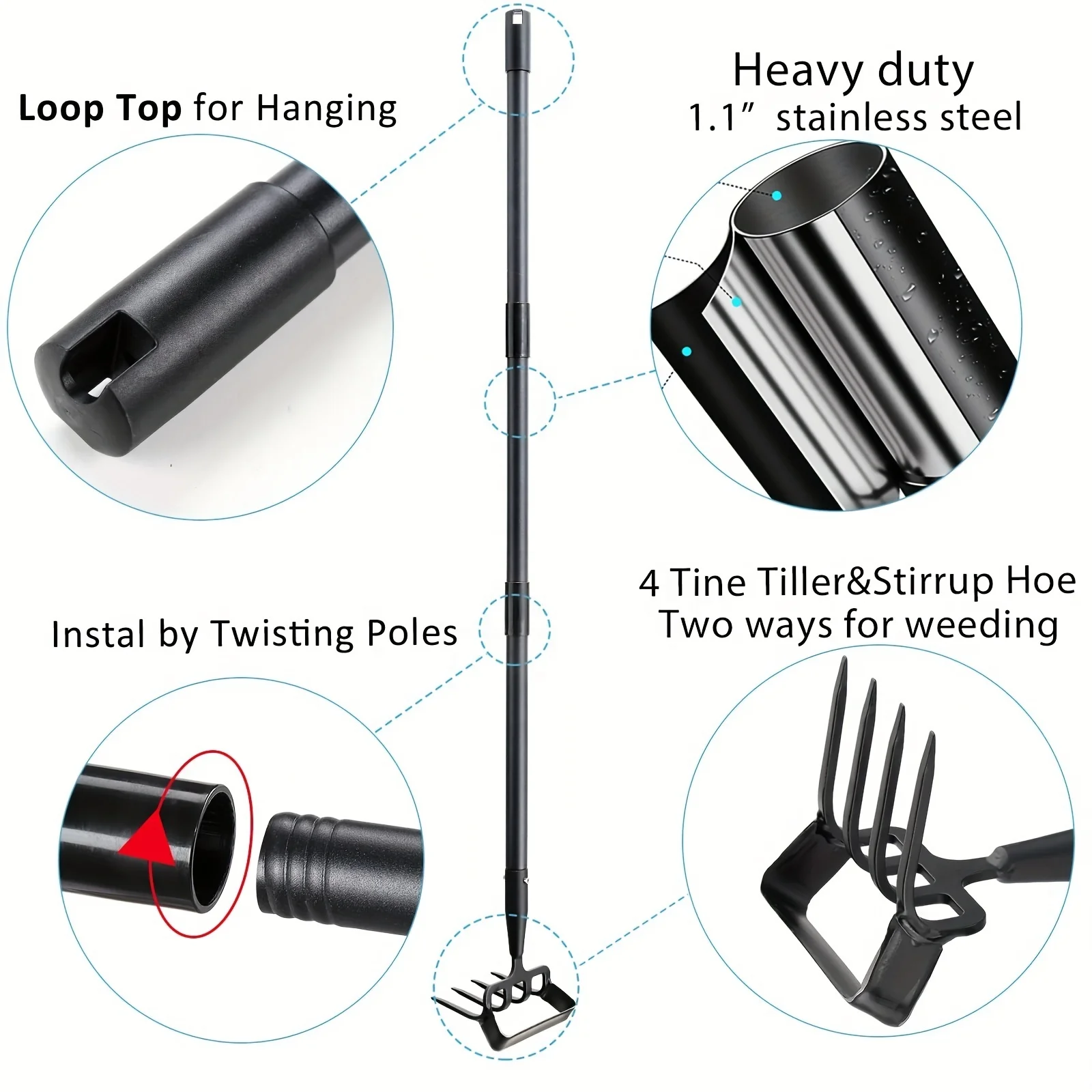 2 In 1 Heavy Duty Action Adjustable Handle Stainless Steel 6 Tines Rake Stirrup Hoe With For Weeding