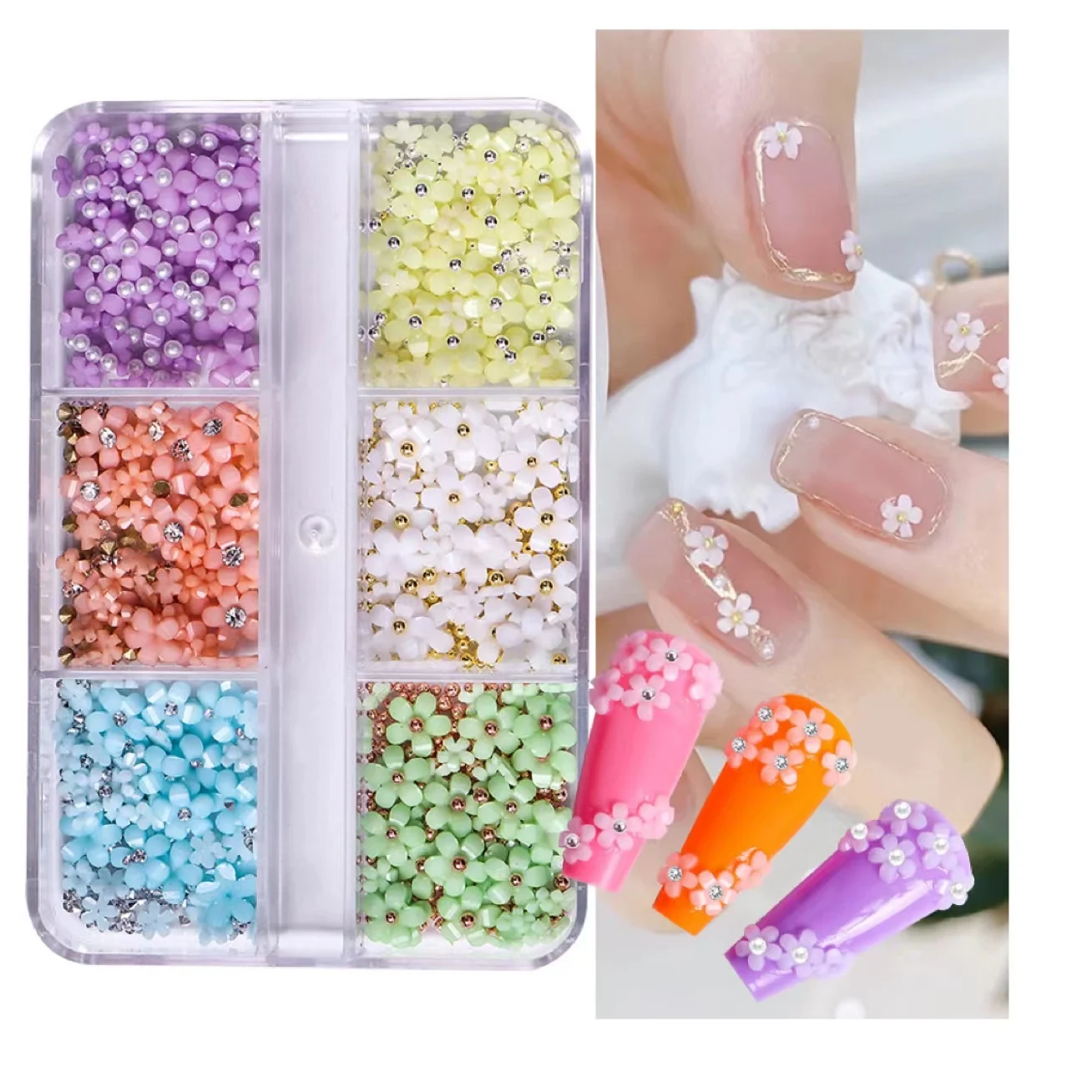 New design 6 grid five petal resin flower Mixed 3D Acrylic Flower nail Charms For Nails decoration