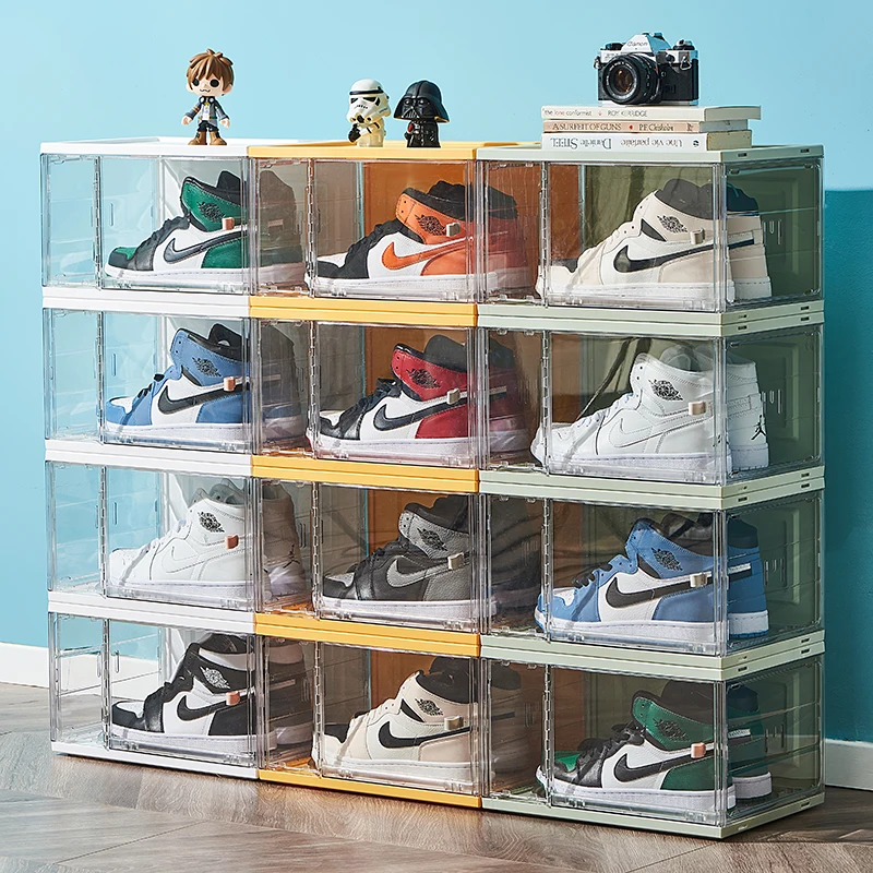 Acrylic clear giant shoe case sneaker storage box transparent stackable nike shoe boxes drop front black shoe boxes