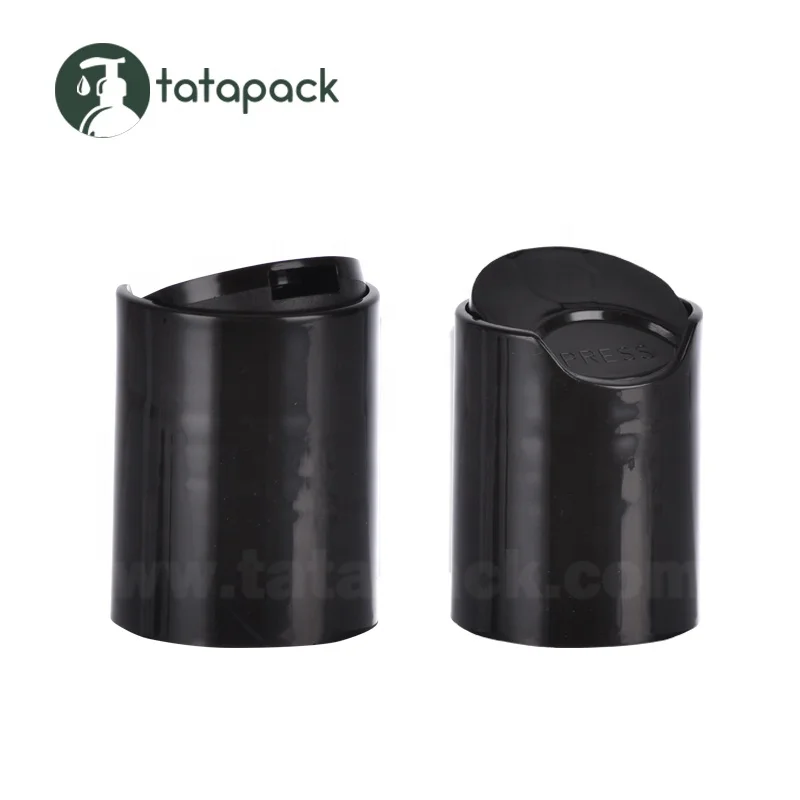 Tatapack High Quality 28-415 Black PP Plastic Disc Top Caps, 28mm Unlined Smooth Dispensing Caps for Cosmetic Packaging