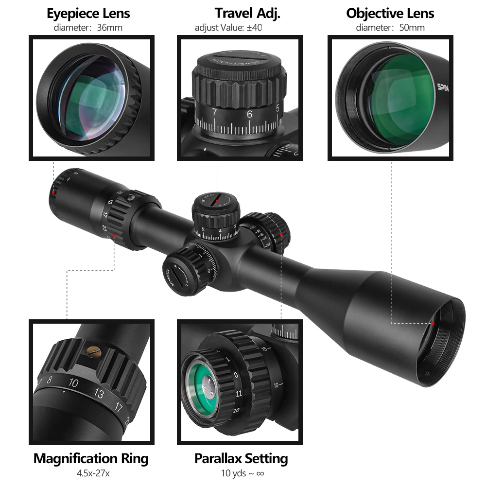 Spina HD FFP 4.5-27x50 Hunting Scope Tactical Compact Scope Outdoor Long Range Optics Sights First Focal Plane Sight
