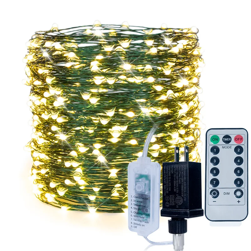 Green Copper Wire Christmas Decorative String Lights with 8 Colors Control