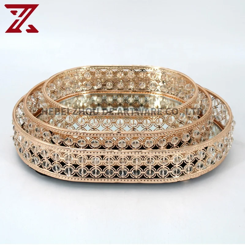 Hight Quality Oval Tray Glass Base Coffee Table Food Luxury Gold Mirror Serving Tray For Home Decor