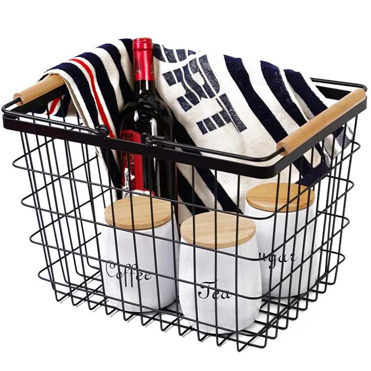 Vintage Locker Wire Storage Basket with Wood Handles for Closets Pantry Kitchen Garage Bathroom