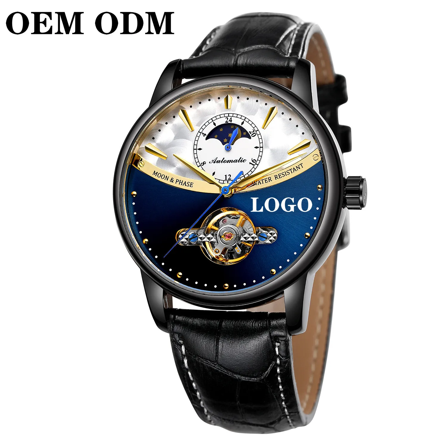 Классические Механические часы OEM ODM с фазой синей Луны, автоматические мужские часы из натуральной кожи, мужские часы, Прямая поставка
