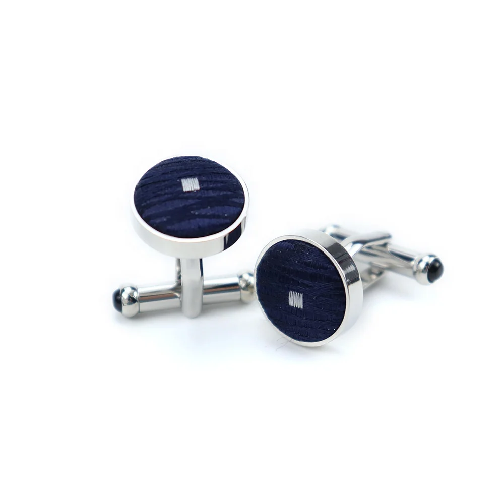 Dark Blue Geometric Design Stainless Steel Round Shape Cufflink High Quality Hand Made Silk Fabric Cufflinks Custom