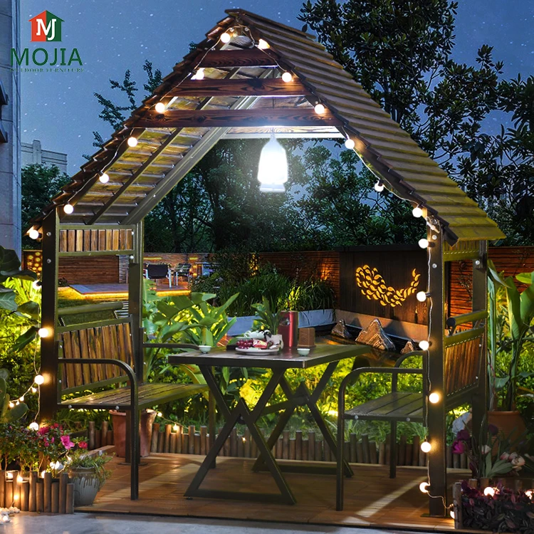 Chinese designs popular bar restaurant commercial wooden house pavilion plastic wood outdoor garden wood gazebo with bench table