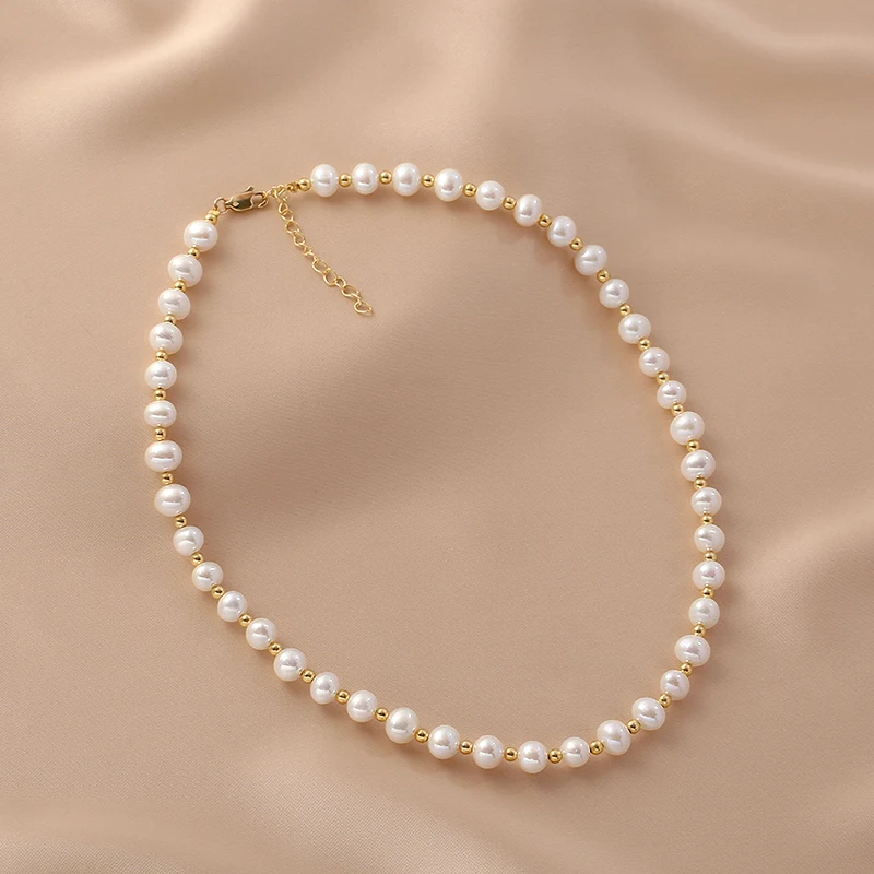 INS Trendy 14K Gold Filled Yellow Gold Ball Beaded Pearl  Necklaces Natural Freshwater Rice Pearl Necklace for Women