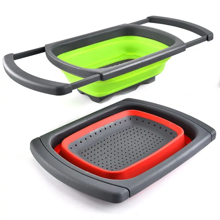 Wholesale Custom Square Retractable Handle Plastic Fruit Foldable Drain Basket Vegetable Washing Filter Basket
