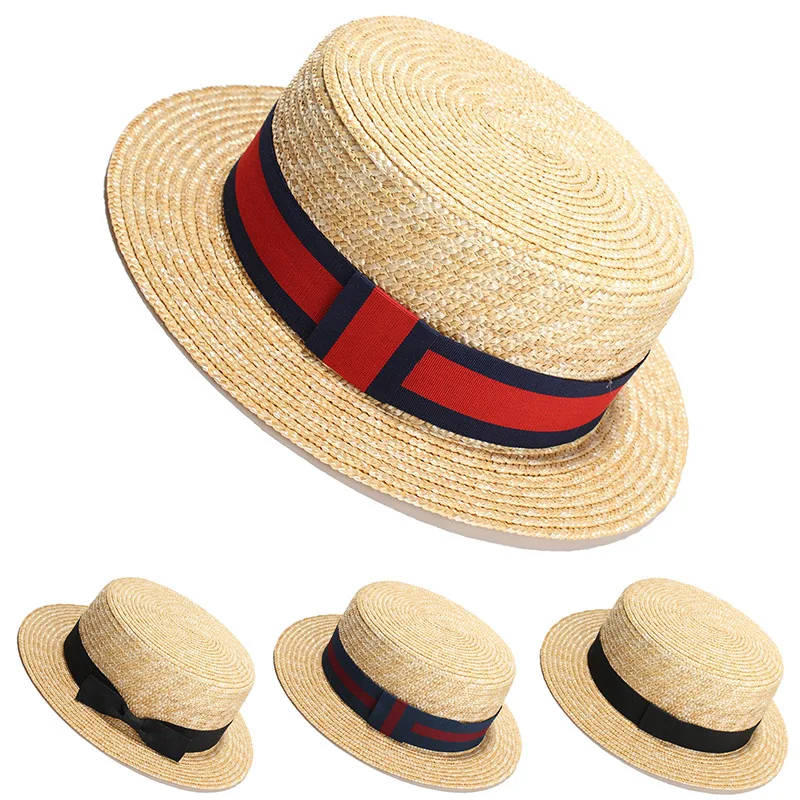 New Style Flat Top Skimmer Boater Hat Wholesale Straw Hat Summer Natural Wheat Straw Hat