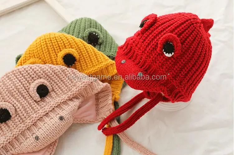 wholesale retail Baby dinosaur hat cartoon sweater caps thick warm ear cap knit hats for children baby free shipping