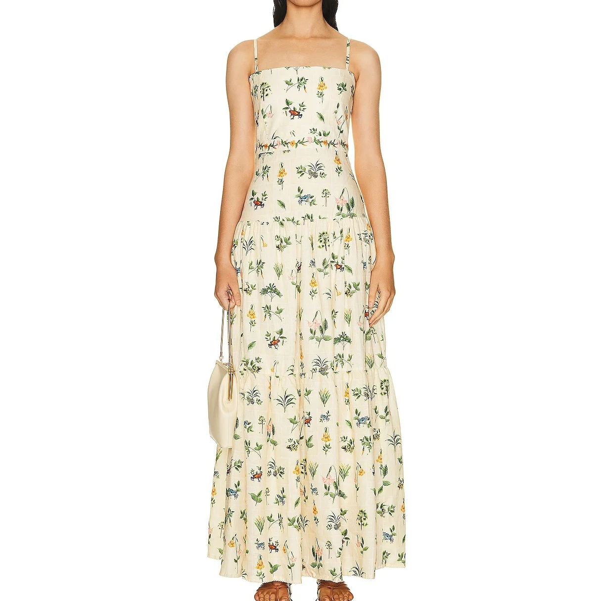 Oem Custom High Quality Lady Casual Elegant Floral Print Slip A Line Dress Ruffle Cotton Linen Long Maxi Dresses For Women