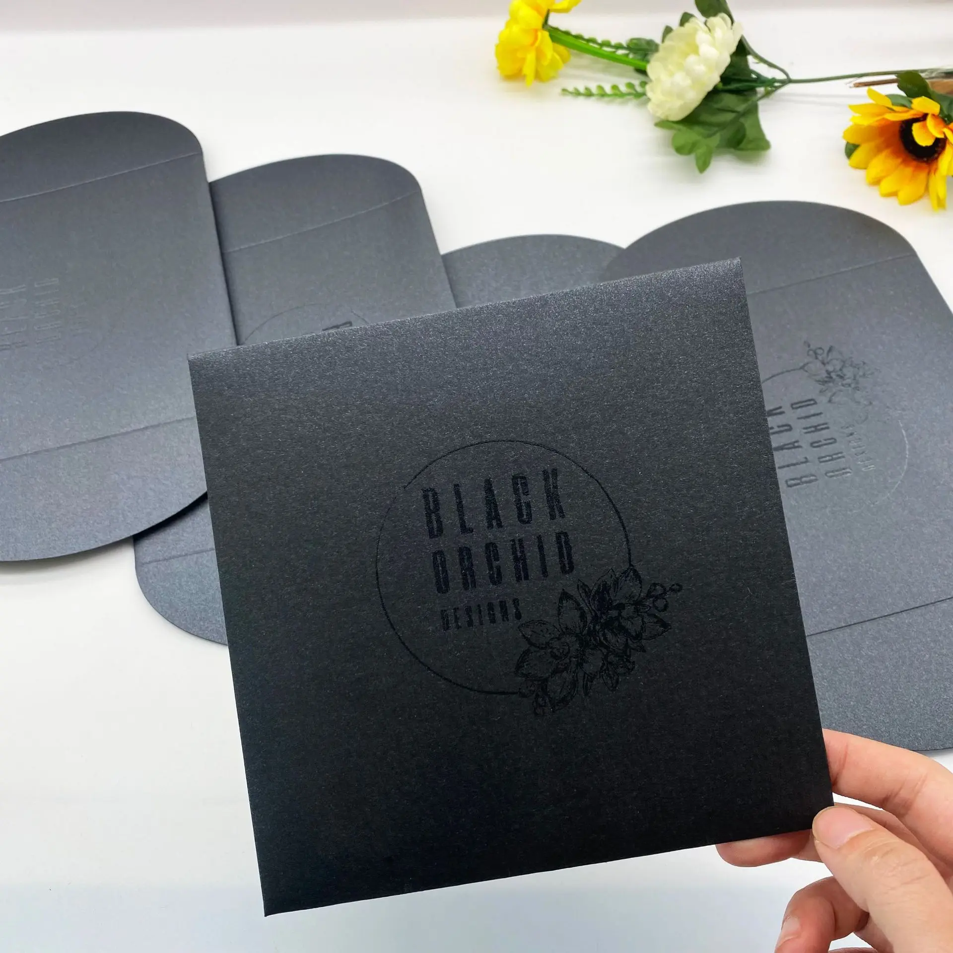 square black matt black UV vernish paper envelope fancy brand black paper envelope