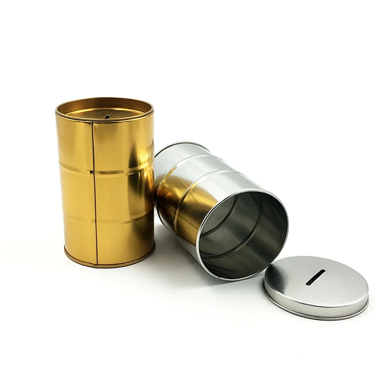 Wholesale Customized Round Black Gold Silvery Oil Drum Shape Toy Metal Can Coin Bank Money Saving Box Gfit Tin Box for Kids