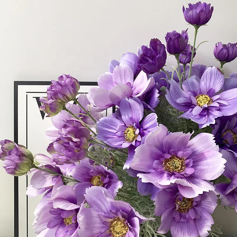 KEWEI 085 Artificial Poppy Flowers Purple 4 Forks Coreopsis Cosmos Galsang Flower Silk Daisy Flower