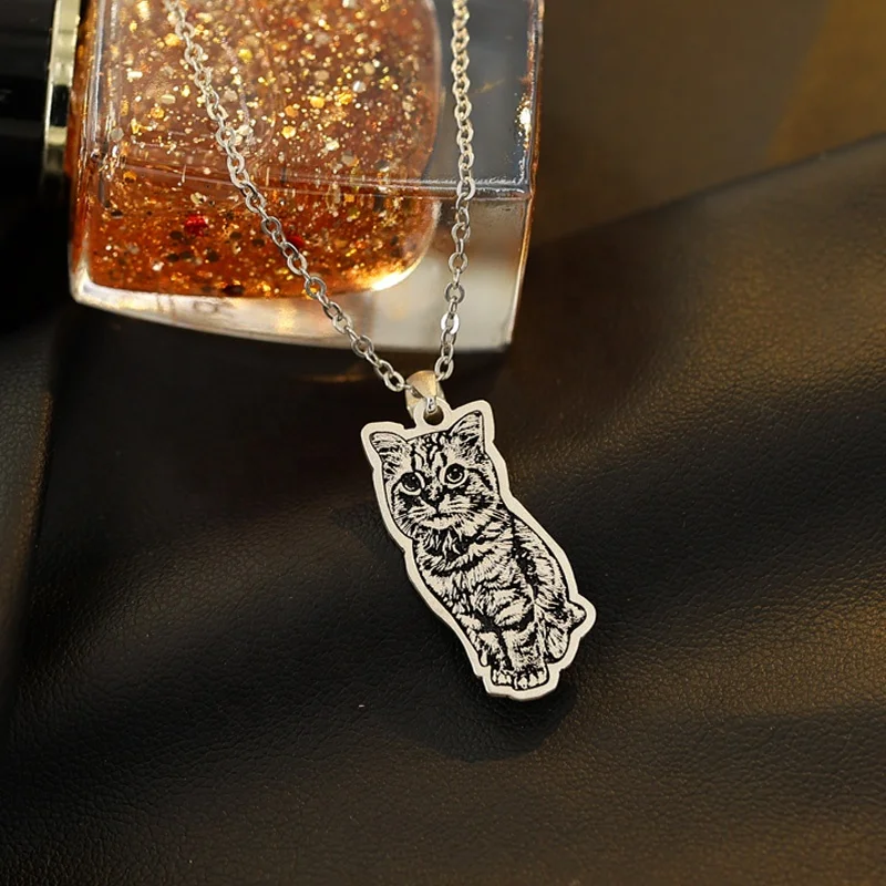 925 Silver Pets Portrait Necklace Personalized Memorial Gifts Custom Cat Dog Animal Photos Pictures Engraved Jewelry Necklaces