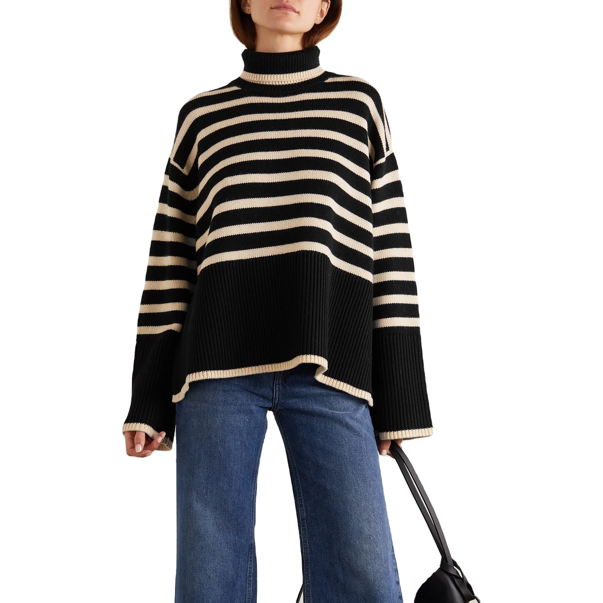 VSCOO Knitted Pullover Turtleneck Knit Top Stripes Jumper Sweater High Neck Women Sweater Computer Knitted New Fashion Plus Size