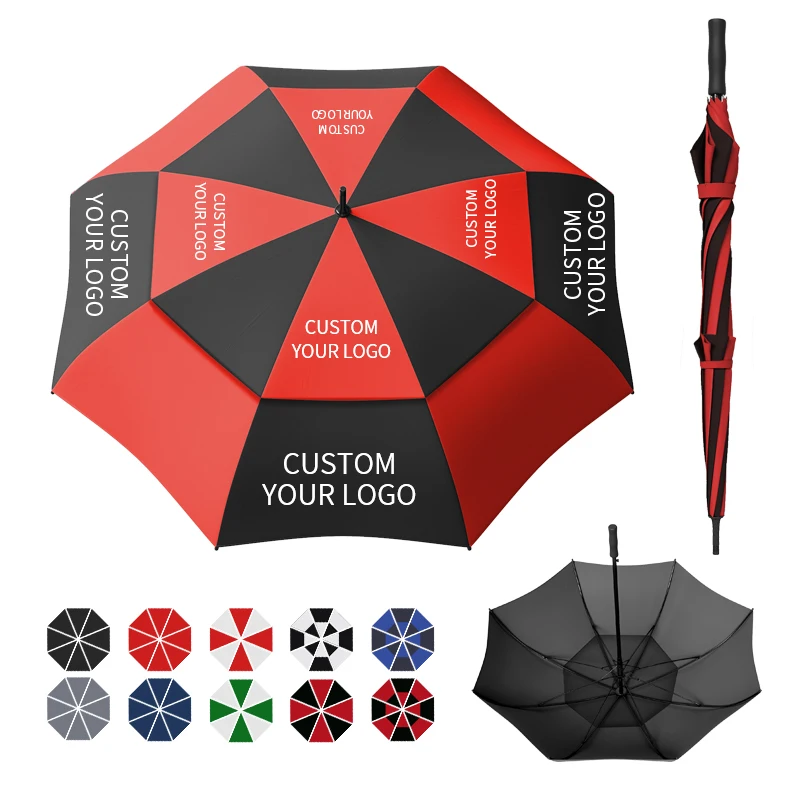 Custom promotional Pongee WindProof Waterproof automatic 210T double layer Golf Straight umbrella paraguas sombrillas