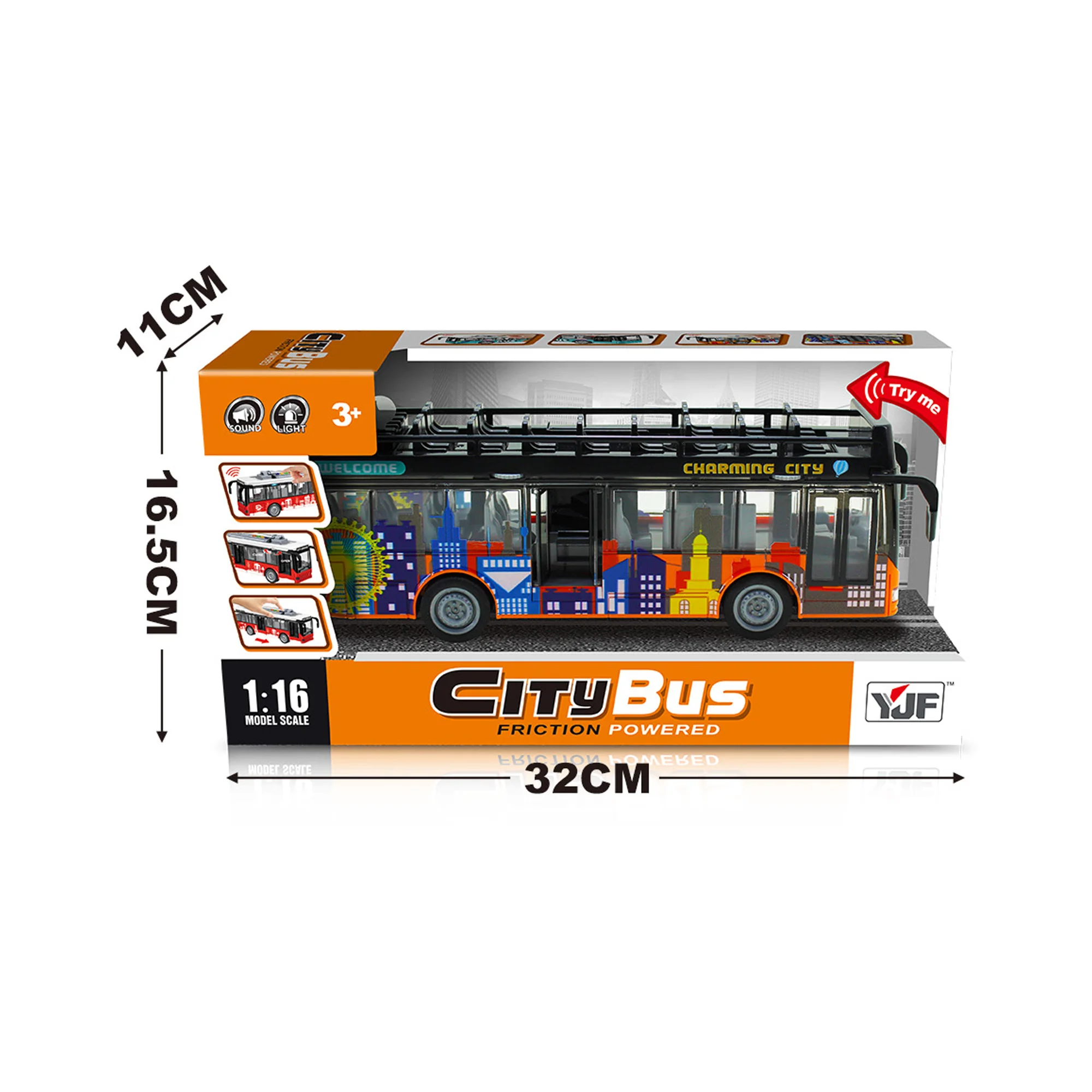 1/16 Plastic UV Printing Friction Powered Double Decker City Bus With Light Sound For Toddlers