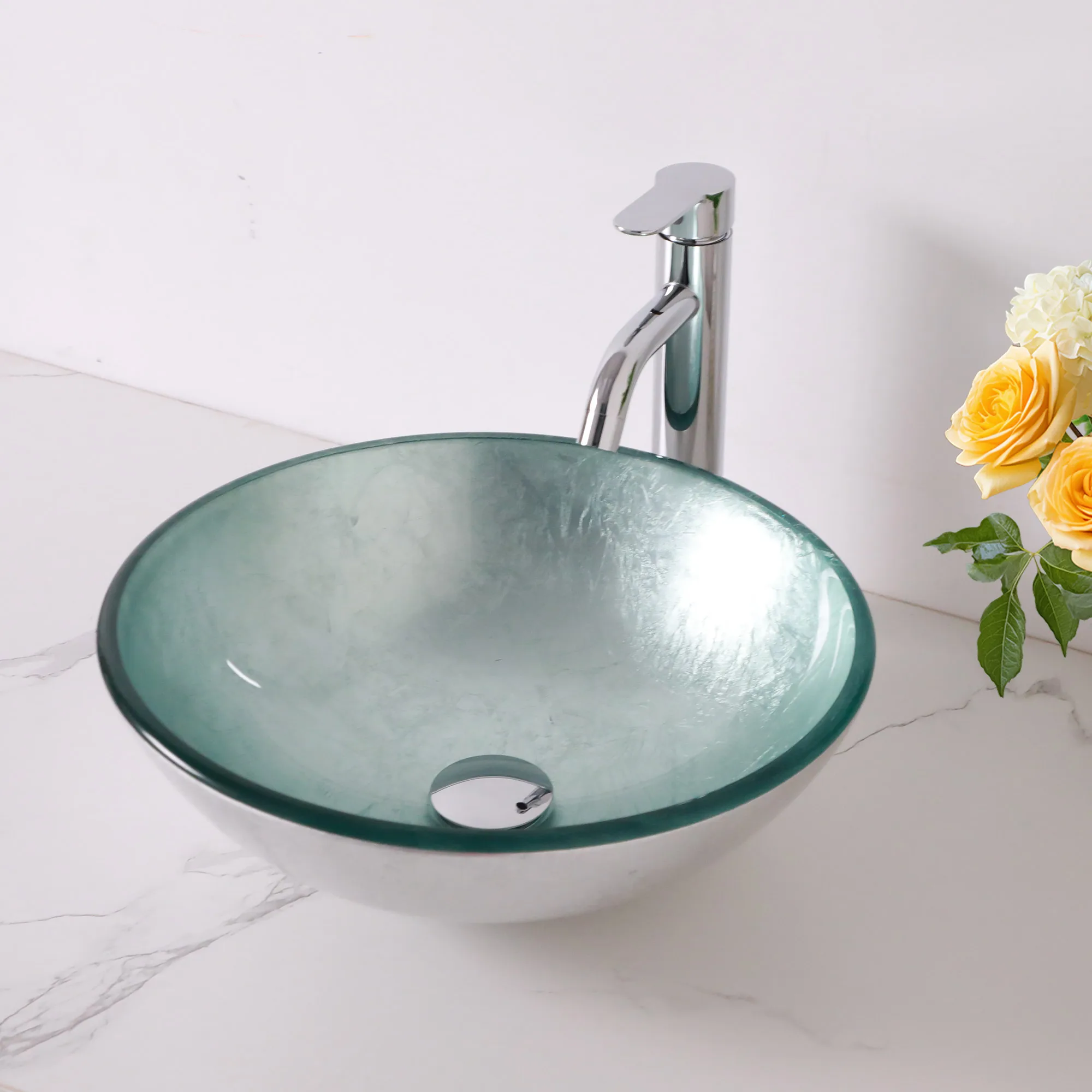 Glass Vessel Sinks Contemporary Round Basin Foil Covered Tempered Glass Bathroom Sink with Waterfall Faucet