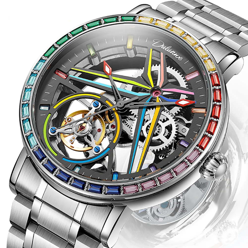 Fashion Colored Gemstone Surround Bezel Luminous Watch Creative Men Fully Skeleton Hollow Flywheel Automatic Mechanical Watch