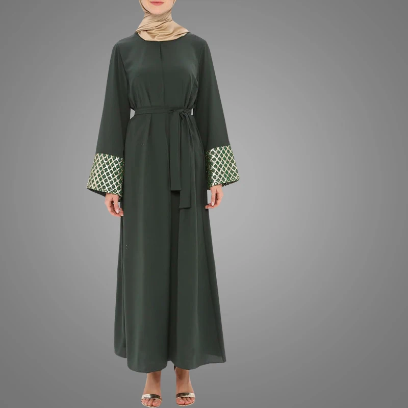 Simple Design Long Sleeve Burqa Muslim Dress Green Open Abaya With Belt Loose Islamic Clothing Kimono Cardigan
