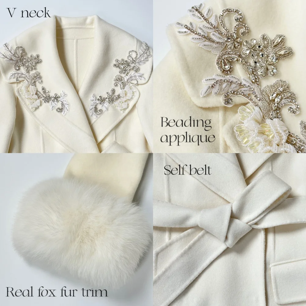 New Design High Quality Luxury Long Solid Color Woven Beading Applique Wool Cashmere Belted Coat With Real Fur Cuffs For Ladies