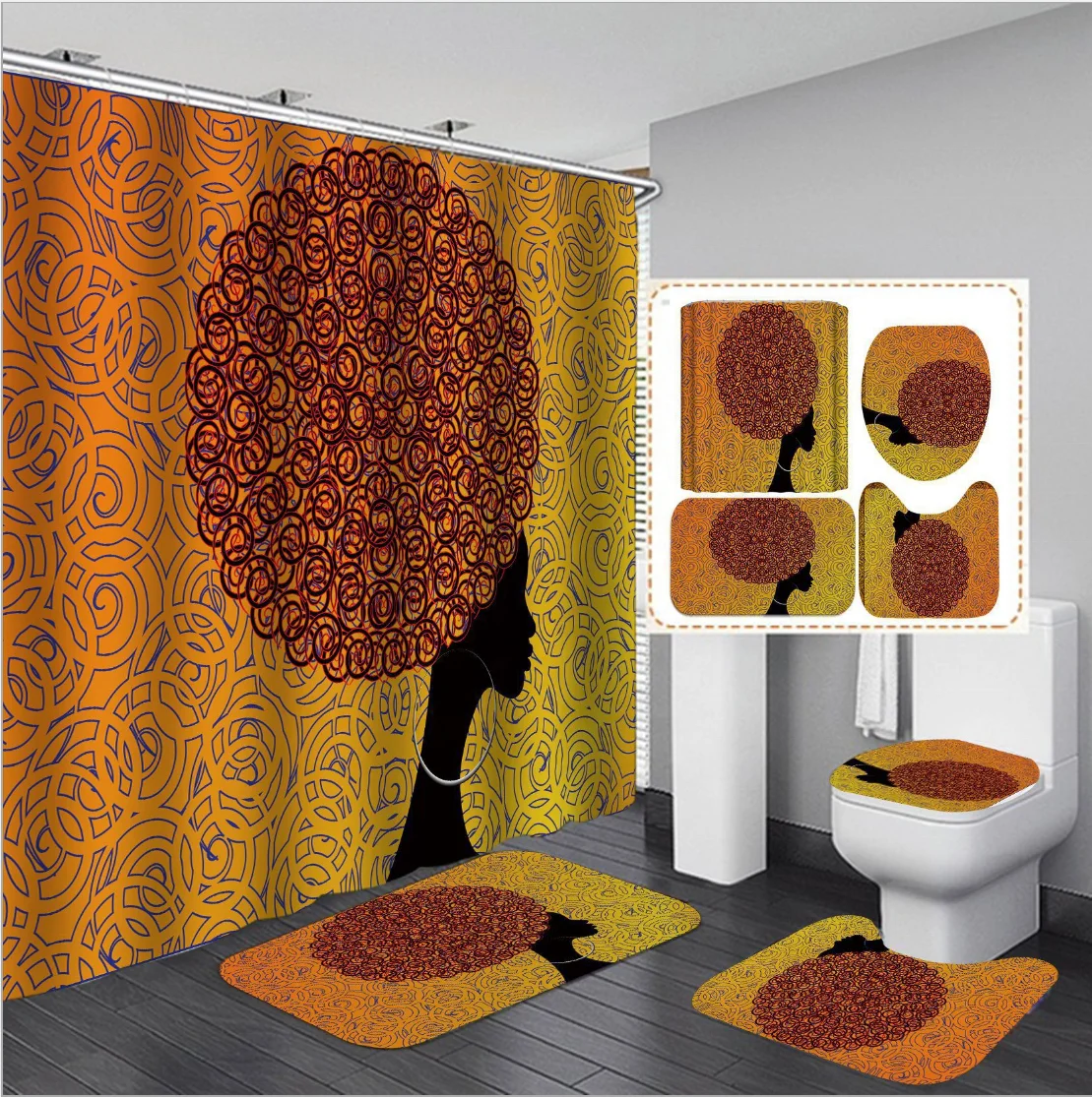 Cheersee Waterproof Customization Print African American Woman 3d Bathroom Shower Curtain Set with Rugs and Carpet