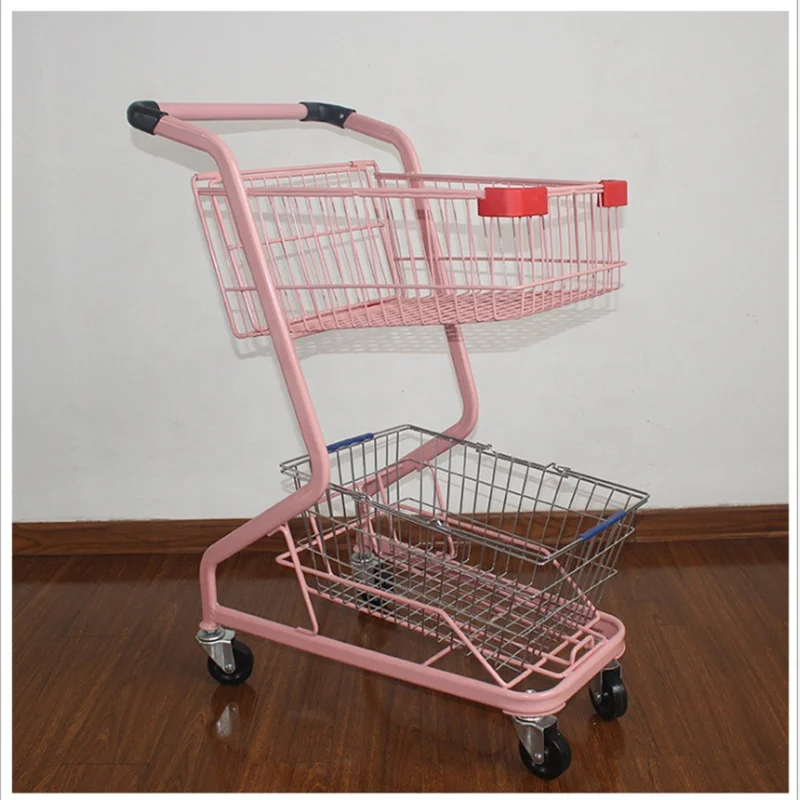 Manufacturer 2-tier supermarket grocery trundler double basket shopping trolley cart Supermarket Shopping Trolley