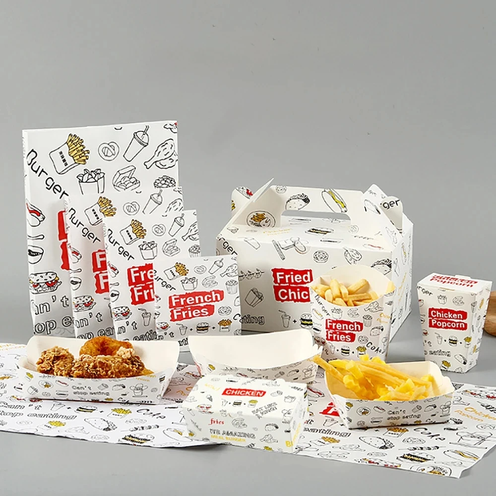 Kraft Paper Bags French Fries Hamburger Wax Paper Food Cookie Bread Snacks Baking Takeaway Bags Cake Boxes Packaging