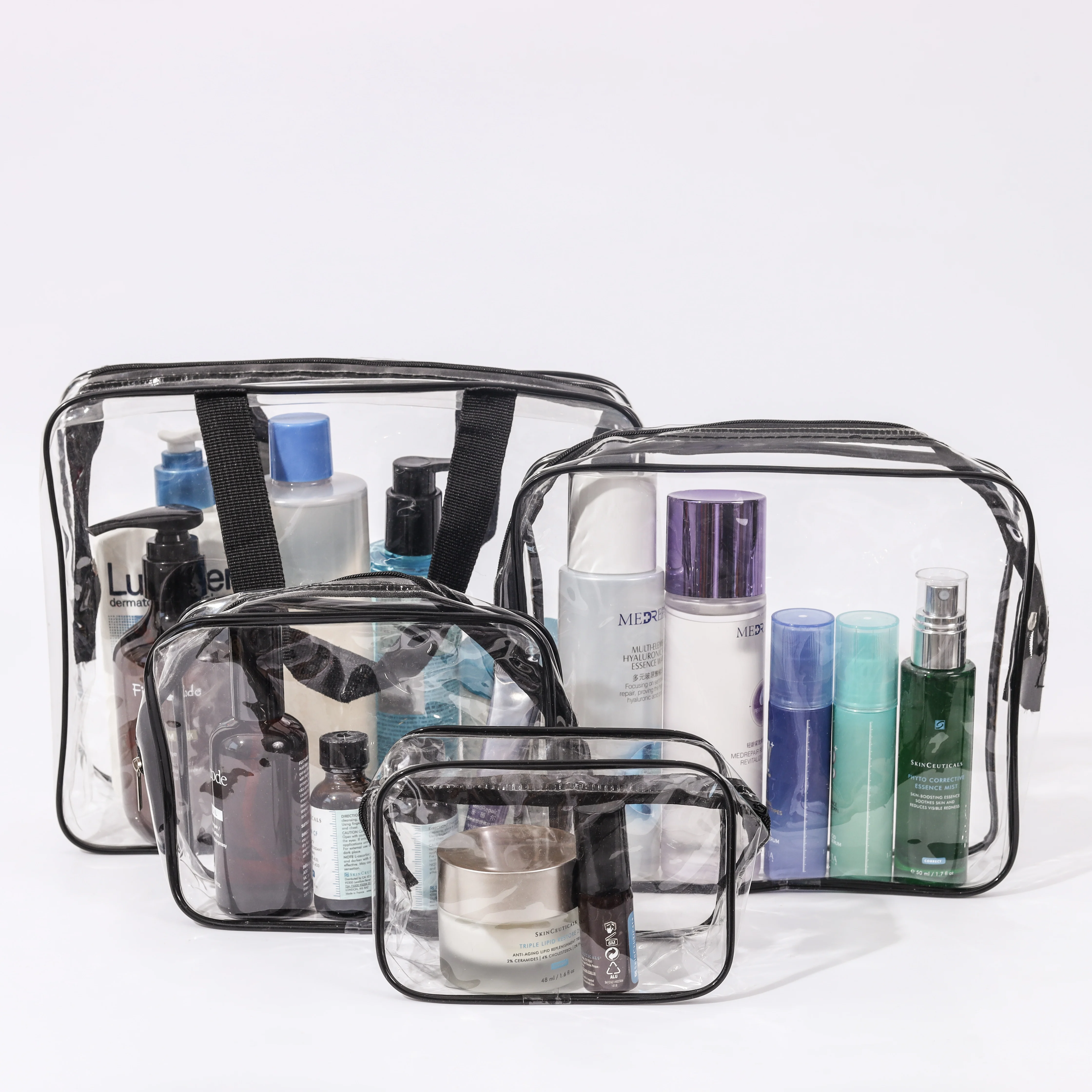 Hot sale custom clear makeup pouch travel waterproof toiletries bag transparent zipper pvc cosmetic packaging bag with handles