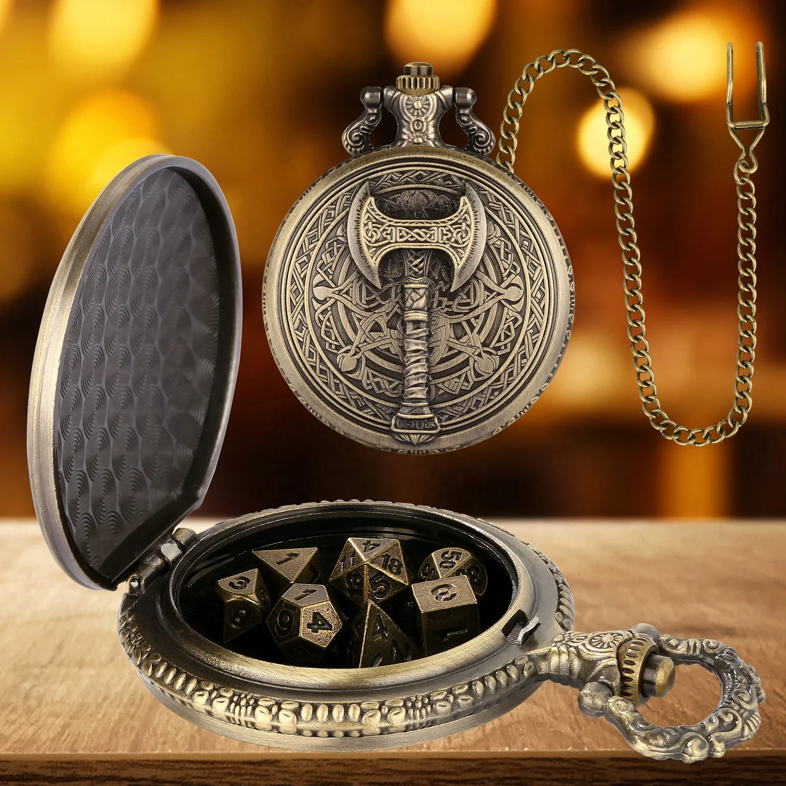 Barbarian Hatchet Mysterious Theme Pocket Watch Case 41 Available Styles Portable Dice Box with Metal Dice Set