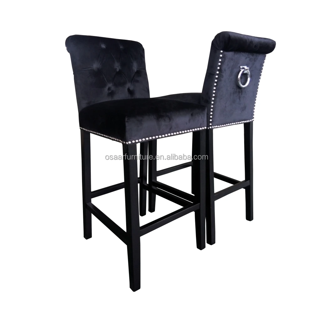 French Provincial Design Tufted Ring Back Black Velvet Wooden Low Back Bar Stools for Kitchen