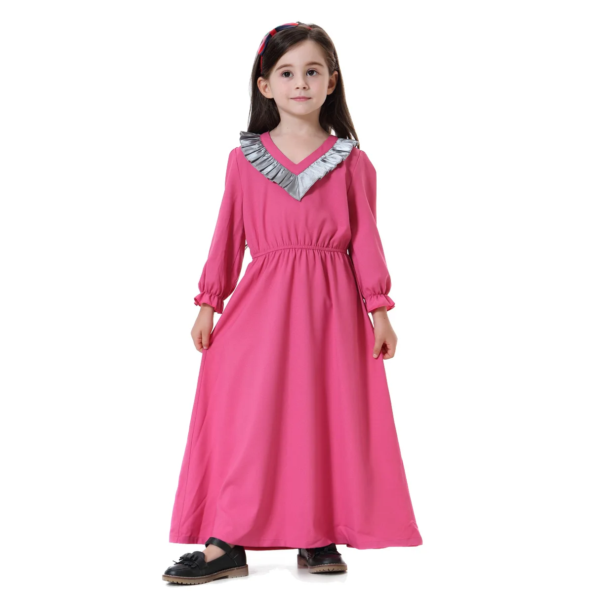 Muslim Kids Fashion Islamic Clothing Children Dress Solid Color V-Neck Arab Long Sleeve Maxi Girls Robe Baby Clothes